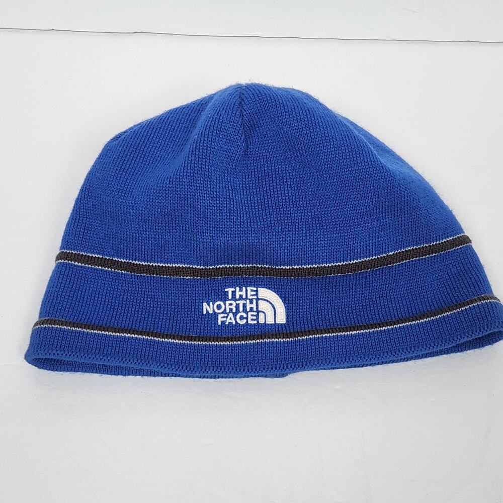 The North Face Hat Beanie Boys Medium Blue Fleece Lined Stripe Knit Logo